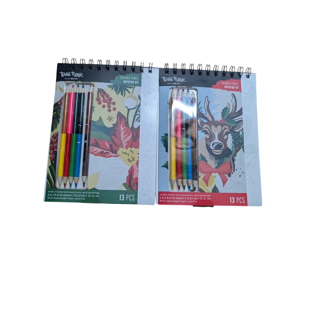 Brea Reese Colored Pencil Notepad Kit 2pk Holiday Reindeer Poinsettia New 13pc